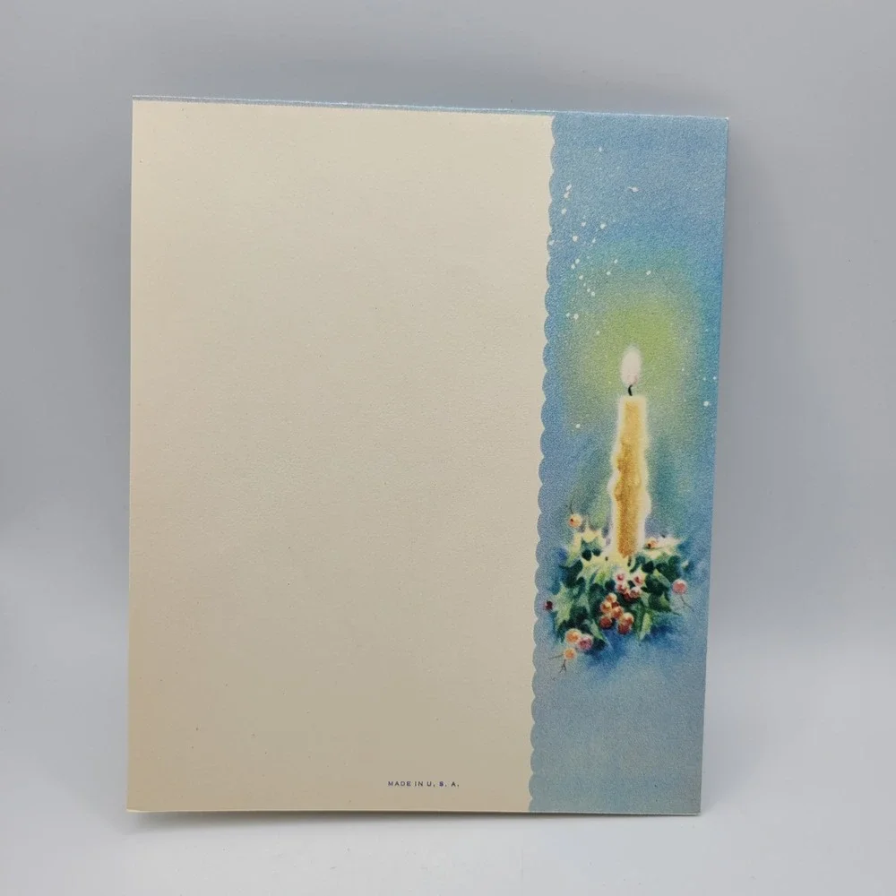 Vintage Christmas Card Candles Holly Berries Unused Made in USA Holiday Greeting